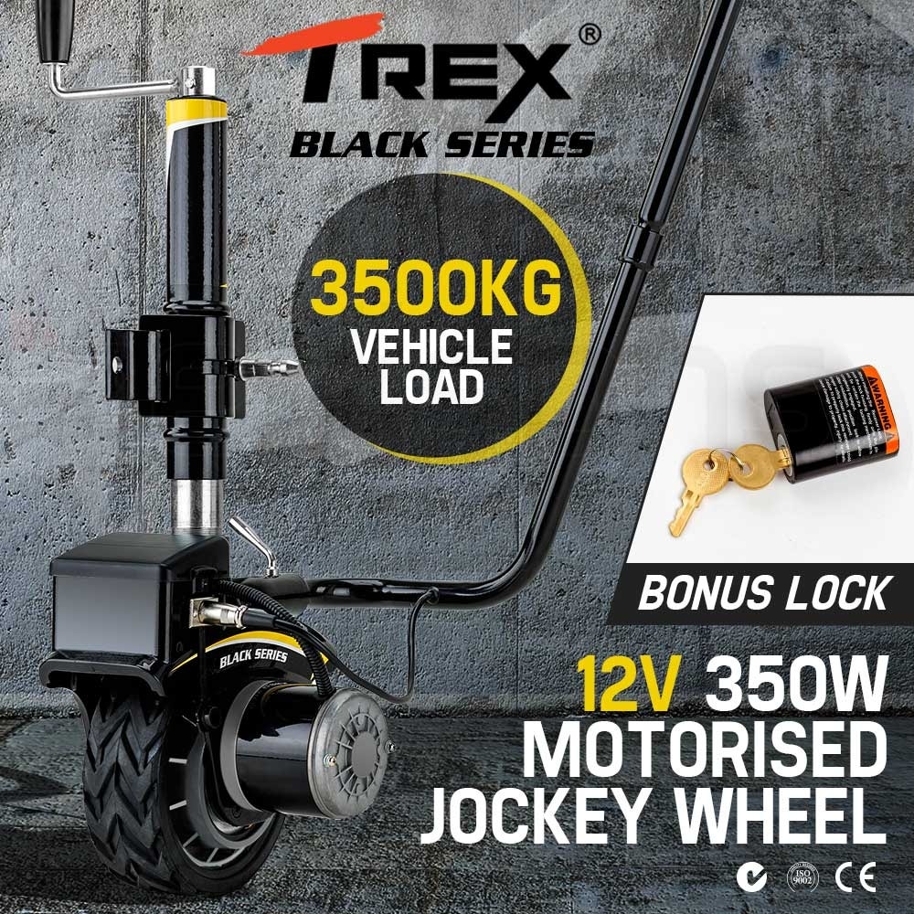 PRE-ORDER T-REX Powered Jockey Wheel Heavy Duty Electric Motorised 12V 350W for Caravans Trailer Boat Black