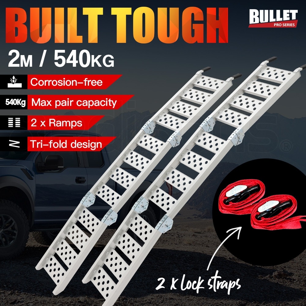 BULLET 2 x 2M Loading Ramp Aluminium Folding ATV Quad Bike Golf Buggy Pair Ramps